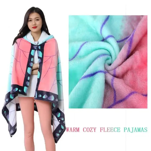 Soft Demon Slayer Hoodie Blanket Wearable Tanjirou No Yaiba Anime Plaid Shawl Wrap Nap Quilt Comfortable Pajamas Adult