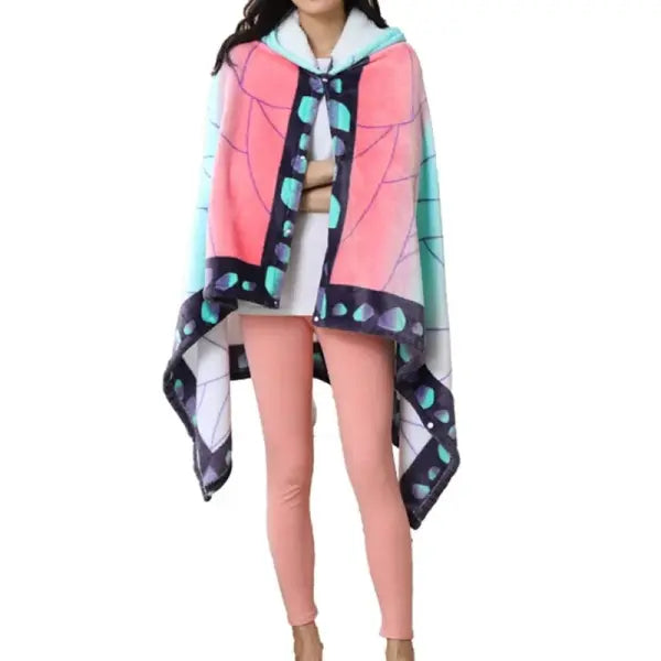 Soft Demon Slayer Hoodie Blanket Wearable Tanjirou No Yaiba Anime Plaid Shawl Wrap Nap Quilt Comfortable Pajamas Adult