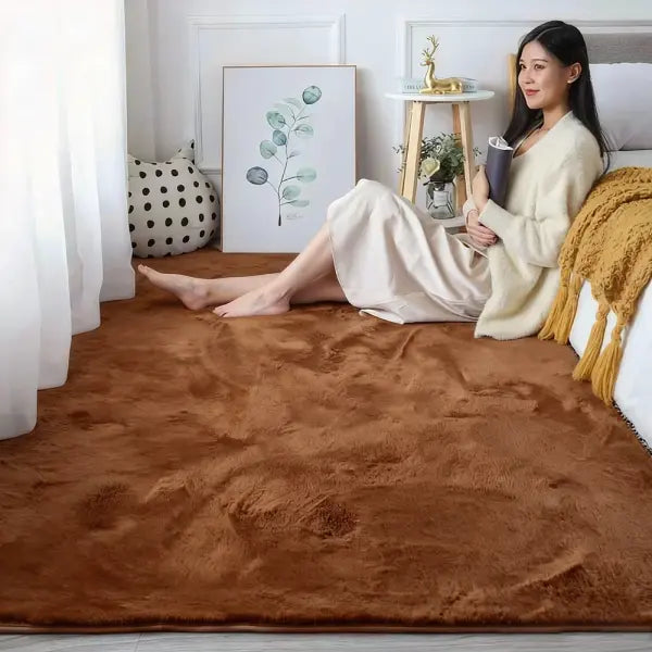 Faux Rabbit Fur Rug Thick Polyester for Luxury Living Room Scenes - Coffee / 160X200CM 63X79in