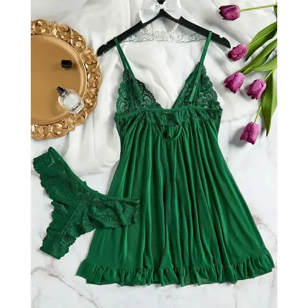 Soft Sheer Nighty Pajamas Hotselling Nightgowns Dark Green Halter Dress Women Sleepwear Sexy Bra Plus Size Nightdress