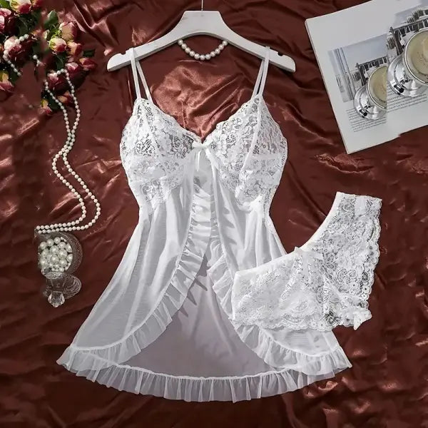 Dark Green Halter Nighty & Thong Set - Sexy Sheer Lace Nightgown - Plus Size Soft Sleepwear & Push-Up Bra Nightdress