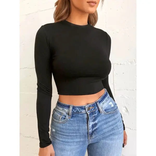 Solid Basic Long Sleeve Crop Top - Casual Black & White Slim Fit T-Shirt - Trendy Korean Style Fashion Tee for All