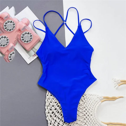 Solid Blue Backless One Piece Swimsuit – Sexy High Cut Swimwear - Blue / L