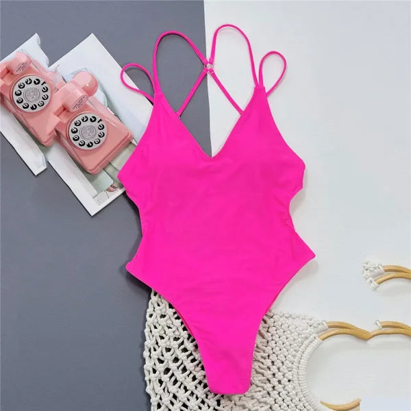 Solid Blue Backless One Piece Swimsuit – Sexy High Cut Swimwear - rose red / S