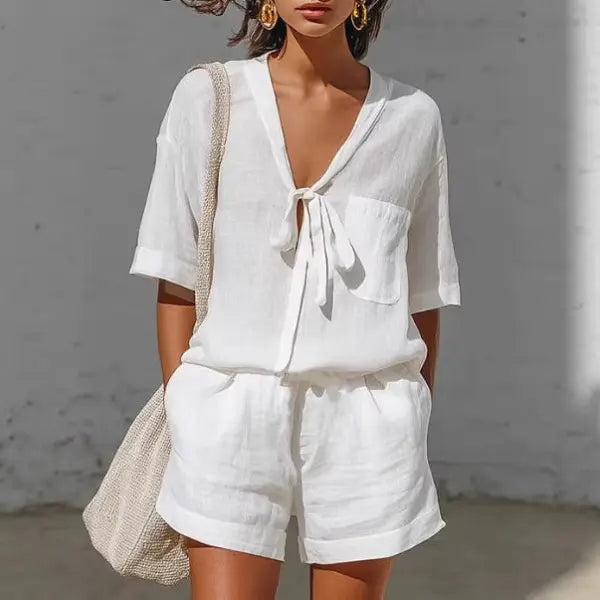 Solid Casual Shirt and Loose Shorts Set in Multiple Sizes Summer Style - White / 2XL