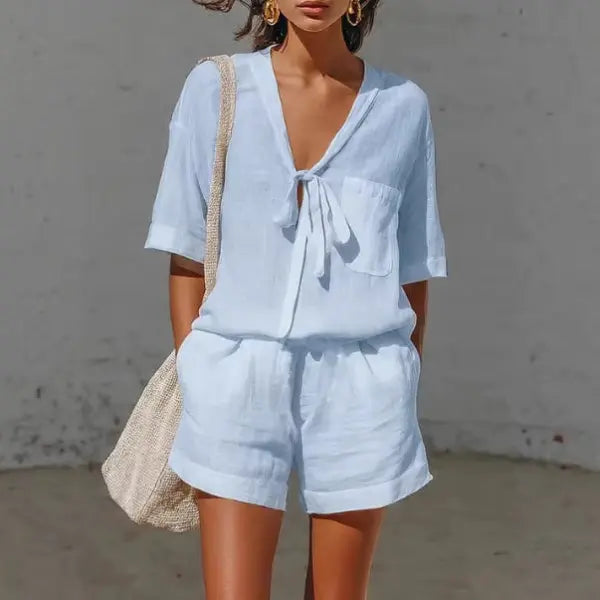 Solid Casual Shirt and Loose Shorts Set in Multiple Sizes Summer Style - Blue / 2XL