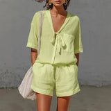 Solid Casual Shirt and Loose Shorts Set in Multiple Sizes Summer Style - Green / 2XL