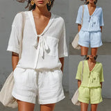 Solid Casual Shirt and Loose Shorts Set in Multiple Sizes Summer Style