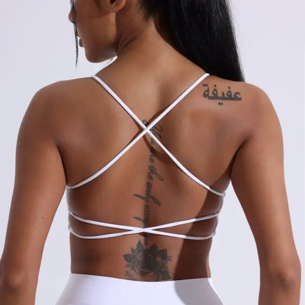 High-Strength Cross Back Sports Bra - Solid Color Fitness Yoga Top with Chest Pads - Compression Gym Underwear - white