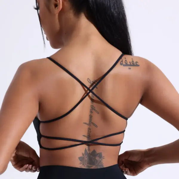 High-Strength Cross Back Sports Bra - Solid Color Fitness Yoga Top with Chest Pads - Compression Gym Underwear - black