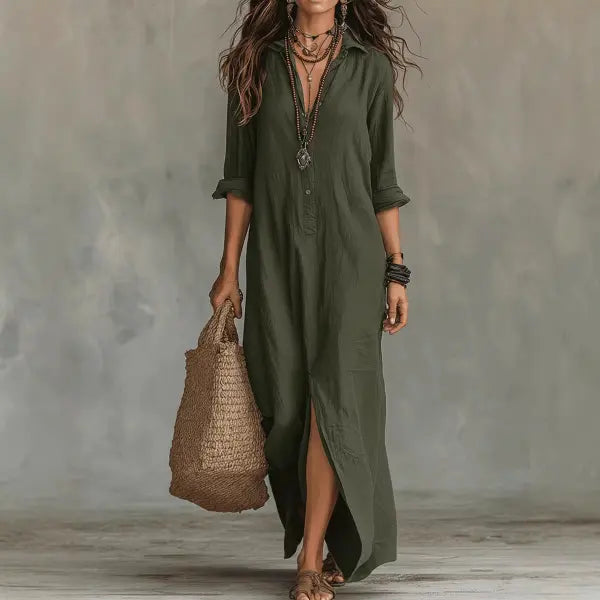 Solid Color Lapel Maxi Dress Plus Sizes Casual Side Slit Beachwear - None