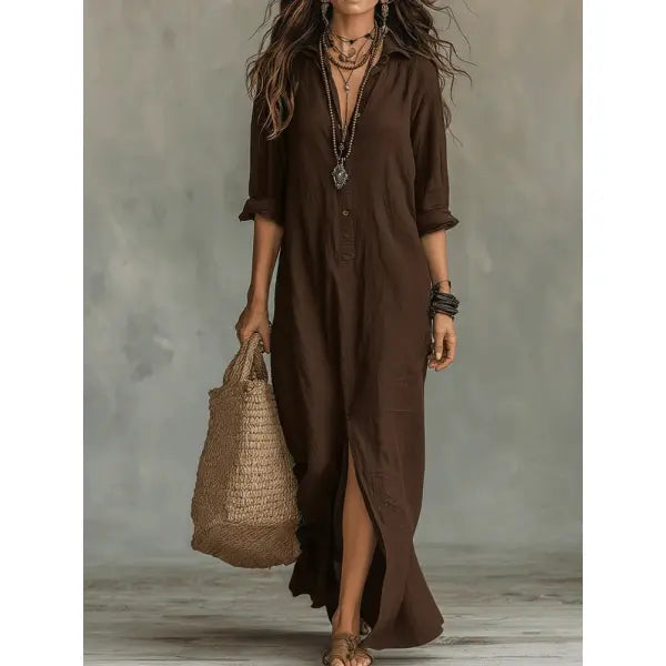 Solid Color Lapel Maxi Dress Plus Sizes Casual Side Slit Beachwear - Brown / 2XL - None