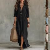 Solid Color Lapel Maxi Dress Plus Sizes Casual Side Slit Beachwear - None