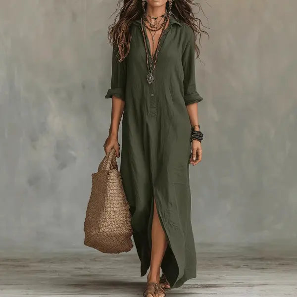 Solid Color Lapel Maxi Dress Plus Sizes Casual Side Slit Beachwear - Green / 2XL - None