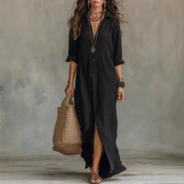 Solid Color Lapel Maxi Dress Plus Sizes Casual Side Slit Beachwear - Black / 3XL - None