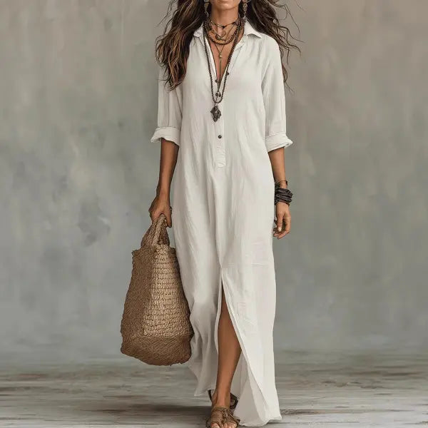 Solid Color Lapel Maxi Dress Plus Sizes Casual Side Slit Beachwear - None