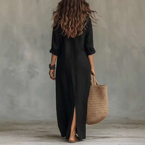 Solid Color Lapel Maxi Dress Plus Sizes Casual Side Slit Beachwear - None