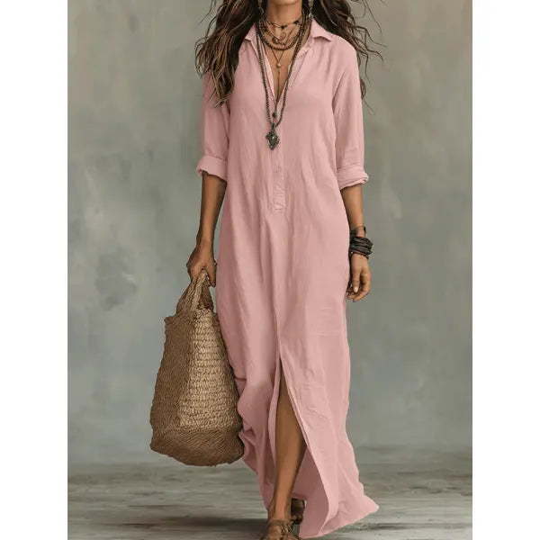 Solid Color Lapel Maxi Dress Plus Sizes Casual Side Slit Beachwear - Pink / 2XL - None