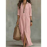 Solid Color Lapel Maxi Dress Plus Sizes Casual Side Slit Beachwear - Pink / 2XL - None