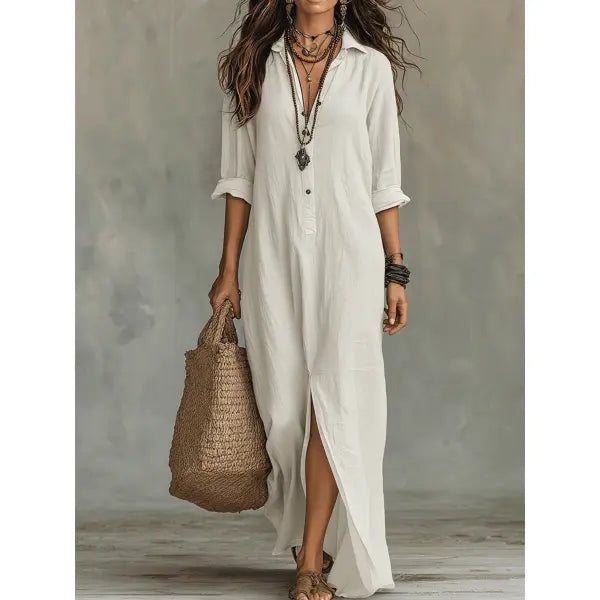 Solid Color Lapel Maxi Dress Plus Sizes Casual Side Slit Beachwear - White / 2XL - None