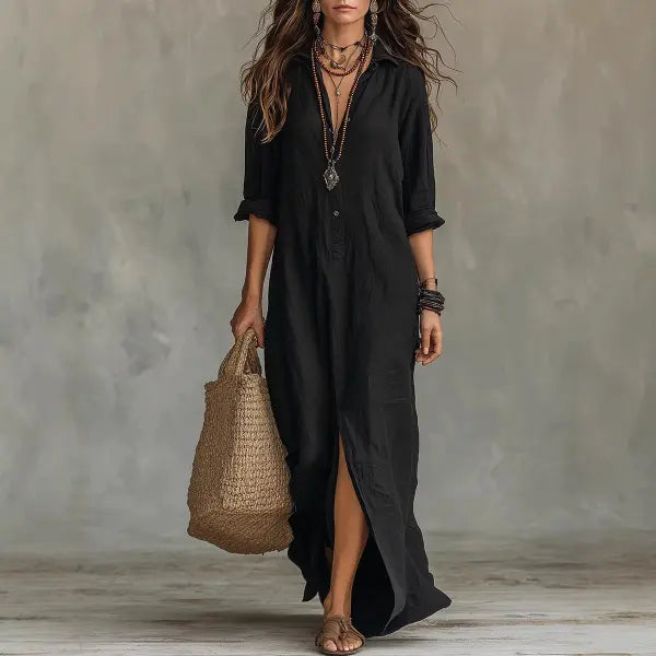 Solid Color Lapel Maxi Dress Plus Sizes Casual Side Slit Beachwear - Black / 2XL - None