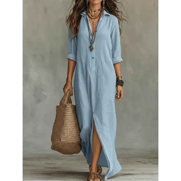 Solid Color Lapel Maxi Dress Plus Sizes Casual Side Slit Beachwear - Blue / 2XL - None