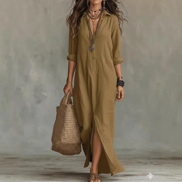 Solid Color Lapel Maxi Dress Plus Sizes Casual Side Slit Beachwear - Khaki / 2XL - None