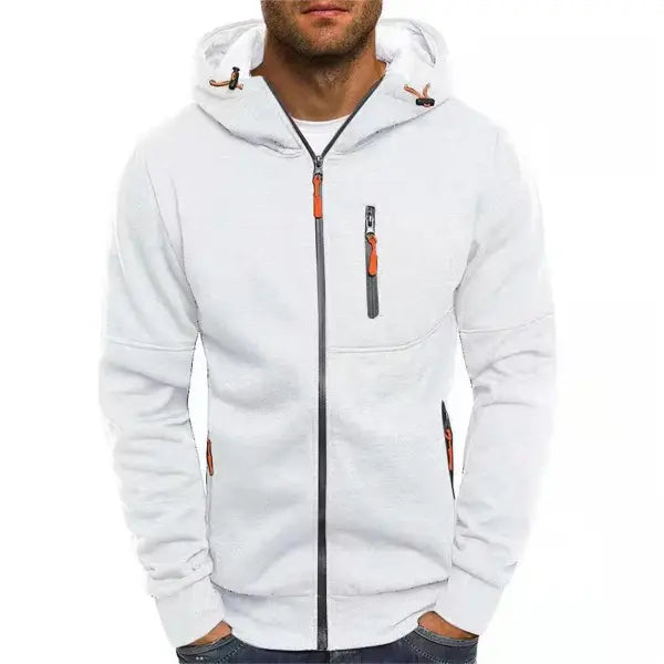Men’s Solid Color Hooded Jacket – Casual Long-Sleeve Zipper Gym Sports Hoodie - WHITE / XS（old）