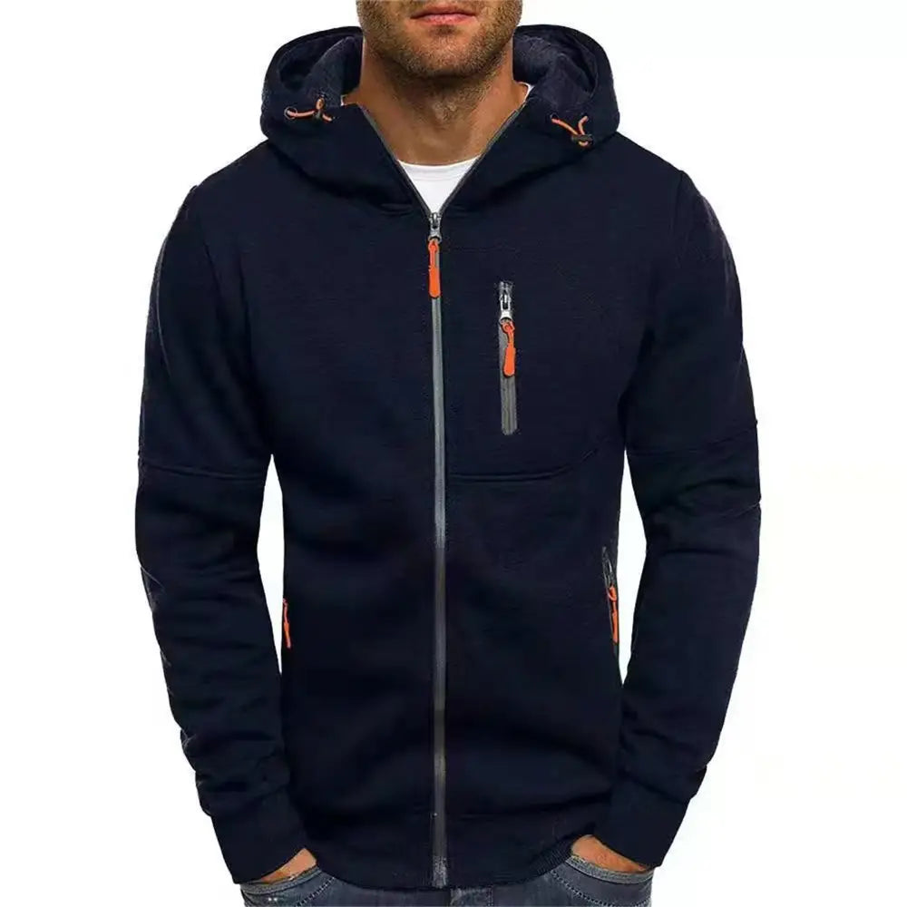 Solid color men’s hooded jacket Casual long-sleeved hoodie Zipper Gym sports hoodie Spring Fall - navy blue / XS（old）