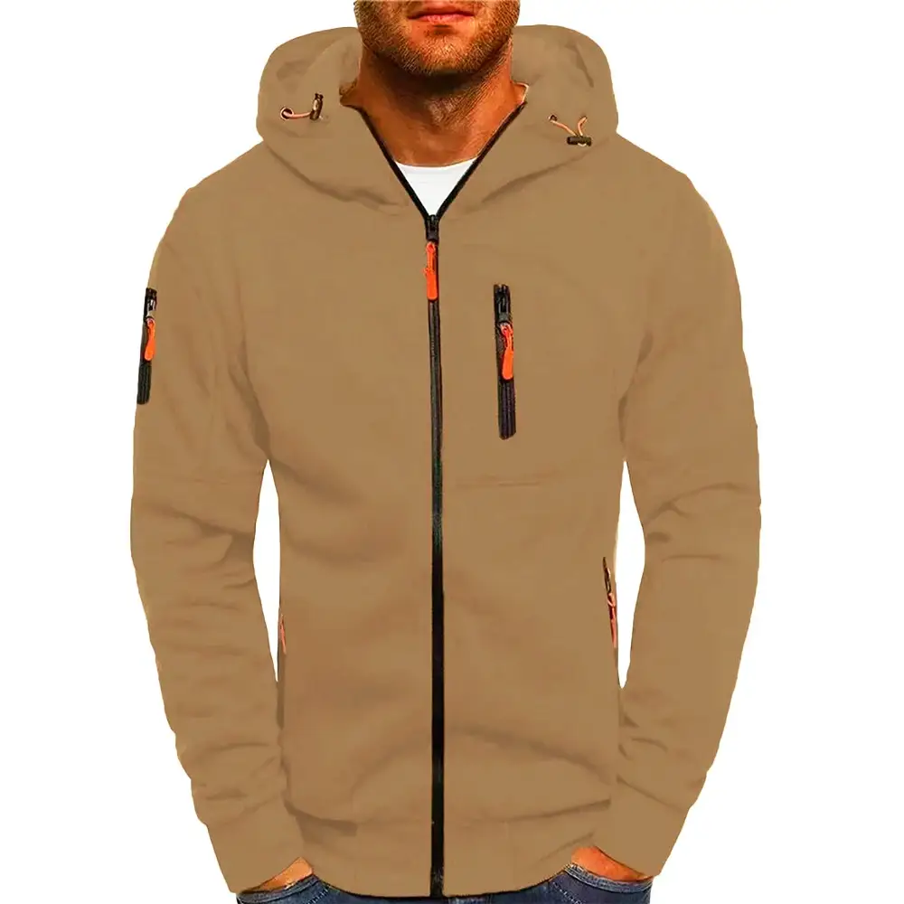 Solid color men’s hooded jacket Casual long-sleeved hoodie Zipper Gym sports hoodie Spring Fall - Khaki / S