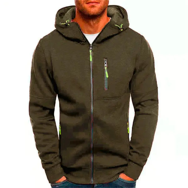 Men’s Solid Color Hooded Jacket – Casual Long-Sleeve Zipper Gym Sports Hoodie - army green / XS（old）