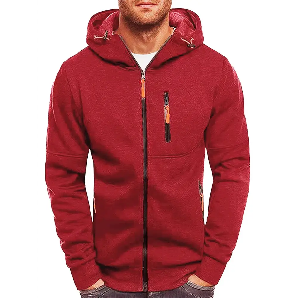 Solid color men’s hooded jacket Casual long-sleeved hoodie Zipper Gym sports hoodie Spring Fall - Burgundy / XXL