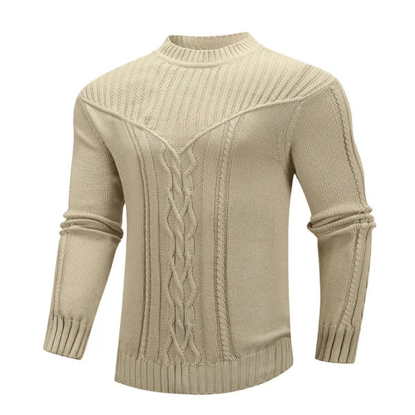Beige mock turtleneck ribbed detail warm jacquard men sweater for versatile all-season wear