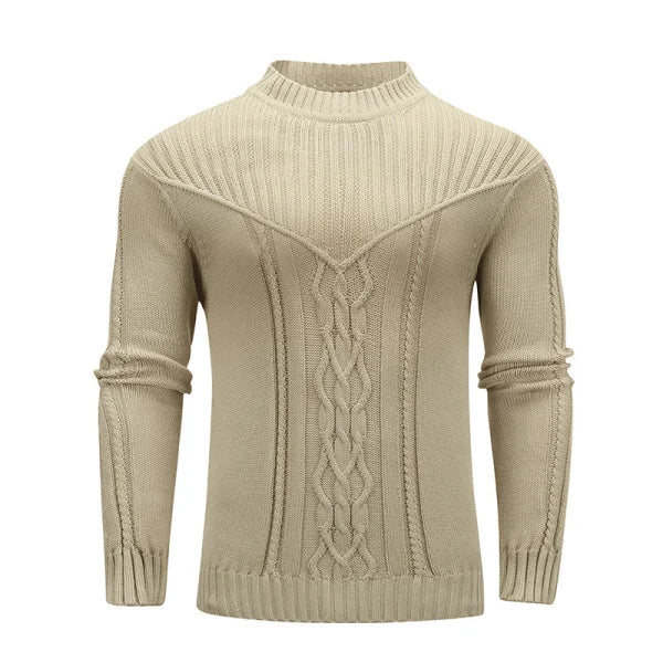 Beige cable-knit mock turtleneck for men in solid color warm jacquard style