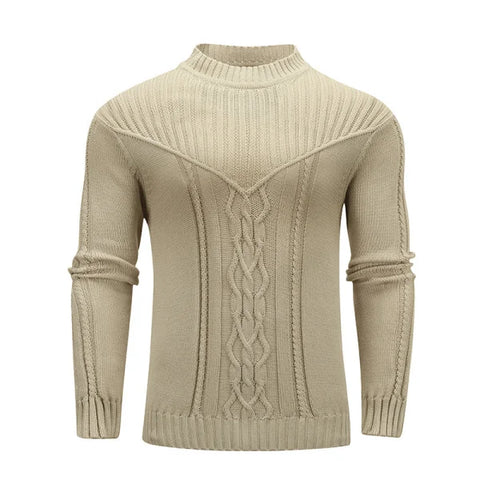 Beige cable-knit mock turtleneck for men in solid color warm jacquard style