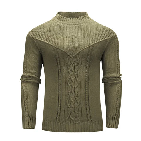 Olive green cable-knit mock turtleneck sweater for men in solid color warm jacquard style