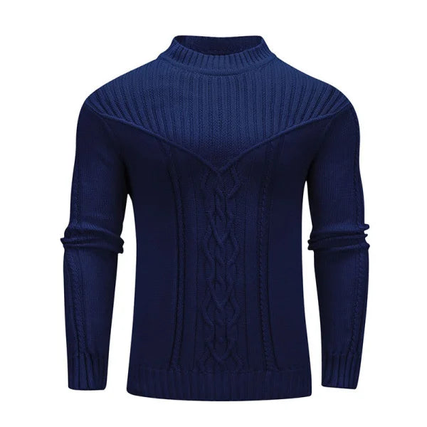 Navy blue knit sweater with ribbed mock turtleneck, part of Solid Color Warm Jacquard Men collection