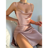 Solid Satin Split Slip Nightdress Elegant V Neck Backless Spaghetti Strap Sleep Dress Women’s Sleepwear Dresses