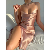 Solid Satin Split Slip Nightdress Elegant V Neck Backless Spaghetti Strap Sleep Dress Women’s Sleepwear Dresses