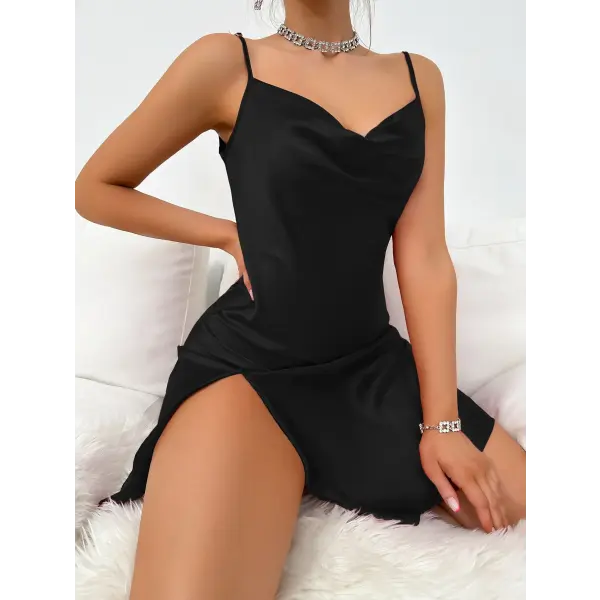 Solid Satin Split Slip Nightdress Elegant V Neck Backless Spaghetti Strap Sleep Dress Women’s Sleepwear Dresses - black