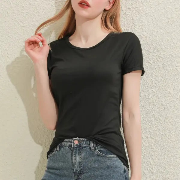 Women’s Solid Cotton V-Neck T-Shirt – Slim Fit Short Sleeve Casual Tee in White & Black - Black O-Neck / XL
