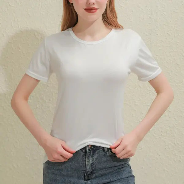 Women’s Solid Cotton V-Neck T-Shirt – Slim Fit Short Sleeve Casual Tee in White & Black - White O-Neck / L