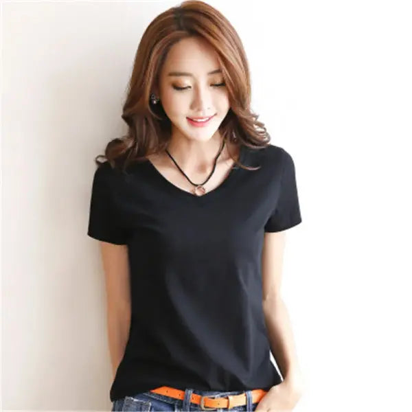 Women’s Solid Cotton V-Neck T-Shirt – Slim Fit Short Sleeve Casual Tee in White & Black