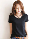 Women’s Solid Cotton V-Neck T-Shirt – Slim Fit Short Sleeve Casual Tee in White & Black