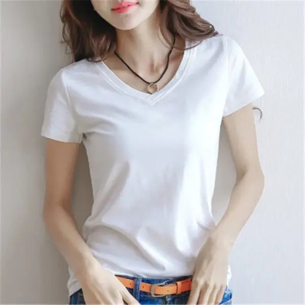 Women’s Solid Cotton V-Neck T-Shirt – Slim Fit Short Sleeve Casual Tee in White & Black