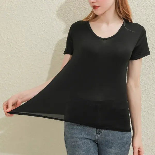 Women’s Solid Cotton V-Neck T-Shirt – Slim Fit Short Sleeve Casual Tee in White & Black - Black V-Neck / L