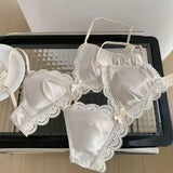 SP&CITY Korean Style Triangle Cup Bow Lace Bra for Women Small Chest Satin Underwear Sweet Girl Breathable Comfortable