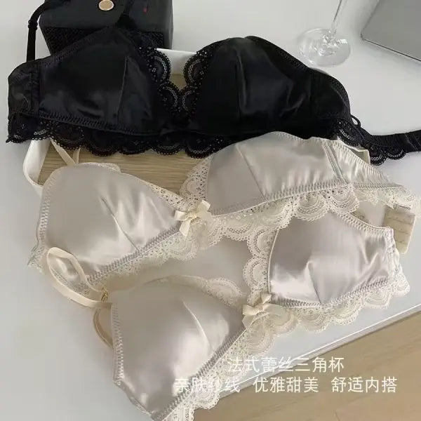 SP&CITY Korean Style Triangle Cup Bow Lace Bra for Women Small Chest Satin Underwear Sweet Girl Breathable Comfortable