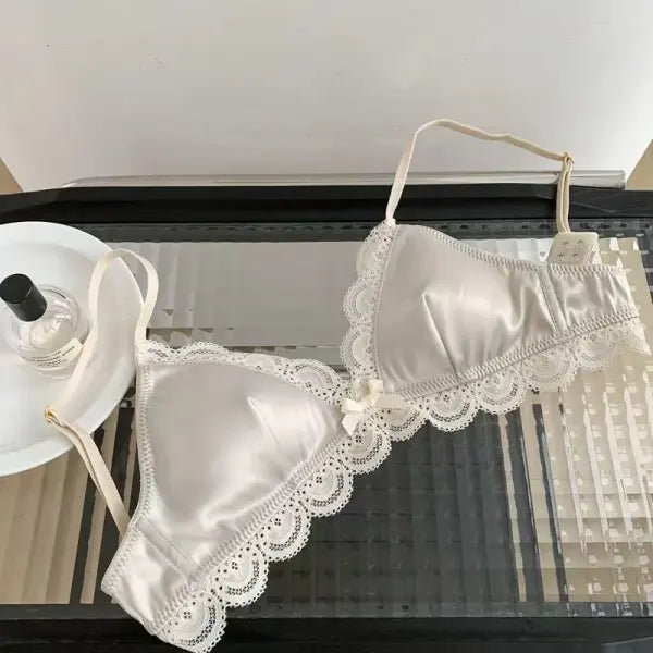 SP&CITY Korean Style Triangle Cup Bow Lace Bra for Women Small Chest Satin Underwear Sweet Girl Breathable Comfortable