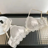 SP&CITY Korean Style Triangle Cup Bow Lace Bra for Women Small Chest Satin Underwear Sweet Girl Breathable Comfortable